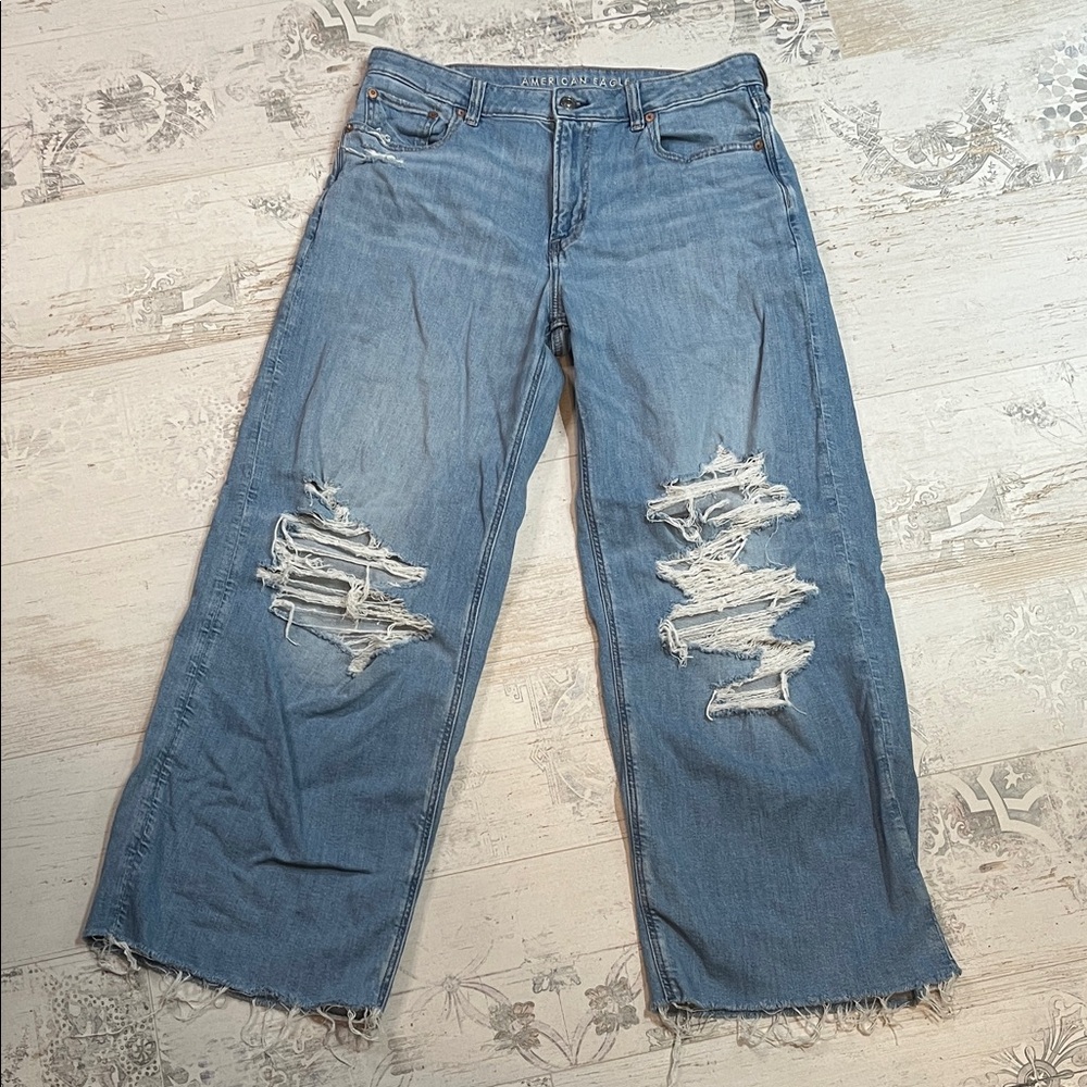 American Eagle Outfitters Distressed Light Blue Low Rise Baggy Wide Leg Jeans 10